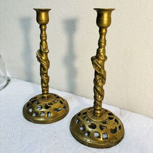 PAIR ANTIQUE VINTAGE BRASS SERPENT SNAKE CANDLESTICKS CANDLE HOLDER 10" INCHES